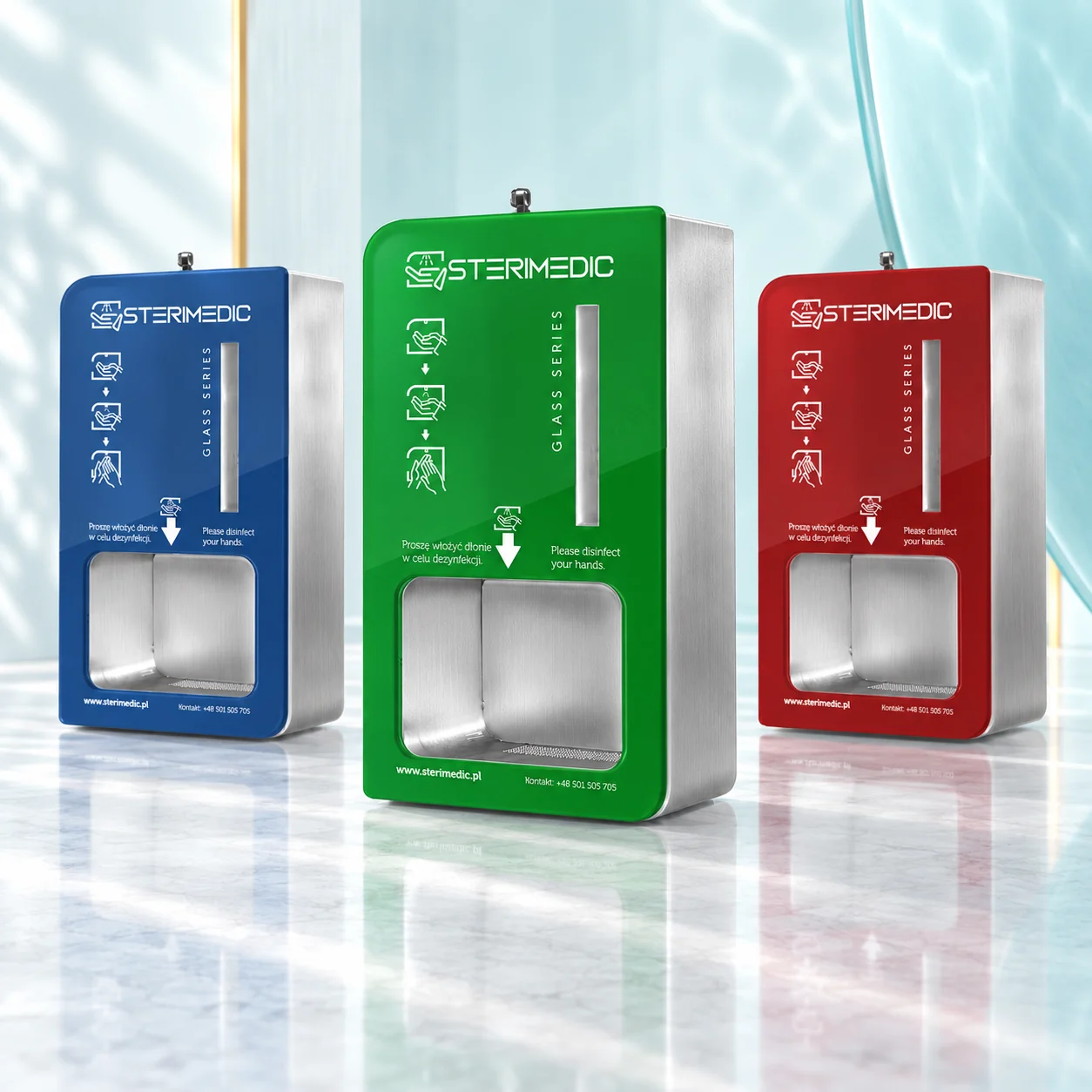 Sterimedic Glass Series in verschiedenen Farben in einer hellen Umgebung